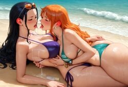 2girls ai_generated applying_sunscreen beach big_ass big_breasts big_butt bikini blush blushing_female blushing_profusely breasts_to_breasts breasts_touching breath bubble_ass bubble_butt cleavage clothing deep_cleavage dripping duo duo_female female female_only huge_ass huge_breasts kissing large_breasts lotion massive_breasts nami nami_(one_piece) narrow_waist nico_robin one_piece open_mouth realistic saliva saliva_drip saliva_trail self_upload sunscreen sweatdrop sweating sweaty sweaty_body sweaty_breasts sweaty_butt thick_nipples thick_thighs tongue tongue_kiss tongue_to_tongue tongues_touching wide_hips yeetyboi5000 yuri