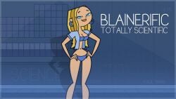 1girls artist_name bikini blaineley_(tdi) blonde_hair blue_bikini earrings english_text swimsuit total_drama_island vaultman