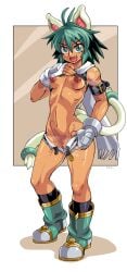 2d animal_ears antenna_hair beryl_(shinrabanshou) black_socks boots breasts cat_ears cat_tail censored cleft_of_venus clothes_lift clothes_pull commentary_request dark-skinned_female dark_skin female fingerless_gloves full_body gloves green_eyes green_hair hand_on_own_hip highres kanriken large_variant_set looking_at_viewer micro_shorts mosaic_censoring multiple_tails navel nipples oerba_yun_fang open_fly open_mouth paid_reward_available pussy pussy_peek scarf shinrabanshou short_hair shorts shorts_pull small_breasts smile socks solo standing steaming_body sweat tail thighs two_tails v-shaped_eyebrows variant_set white_gloves white_scarf white_shorts