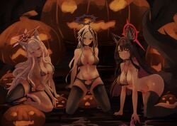 2d 3girls absurdres akira_(blue_archive) animal_ear_fluff animal_ears barefoot black_bra black_hair black_panties black_thighhighs blue_archive blush bra cat_ears cat_girl cat_tail closed_mouth covered_nipples forehead fox_ears fox_girl fox_tail grey_eyes hair_between_eyes halloween highres jack-o'-lantern kai_(blue_archive) kneeling kuroroui looking_at_viewer multicolored_hair multiple_girls navel no_panties one_side_up panties red_eyes single_thighhigh sitting smile tail thighhighs underwear wakamo_(blue_archive) white_hair yellow_eyes