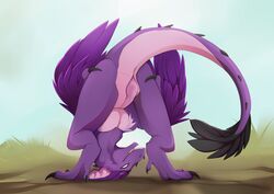 2018 day detailed_background digital_media_(artwork) digitigrade dinosaur feathered_raptor feathers fur lycangel male open_mouth outside penis purple_feathers purple_fur raptor smile standing teeth theropod