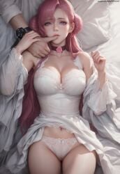 1girls above_view ai_generated anime anime_character bangs bare_thighs bed bed_sheet belly_button cameltoe choker cleavage clothed clothed_female clothes clothes_lift clothing code_geass collar collarbone cute cute_face detached_sleeves dress dress_lift euphemia_li_britannia eyelashes facing_viewer female female_human finger_on_lip front_view gentle hair_bun head_on_pillow hourglass_figure human human_female lace-trimmed_bra lace-trimmed_dress lace-trimmed_panties lace_trim laying_down laying_on_bed light-skinned_female light_skin looking_at_viewer male/female male_out_of_frame medium_breasts nai_diffusion novelai on_back on_bed panties parted_lips patreon_url pillow pink_hair princess pujopg purple_eyes realistic_breast_size realistic_proportions revealing_clothes revealing_dress rose_(flower) royalty see-through see-through_panties shaved_pussy slim_waist softcore straight teasing teenage_girl teenager thighs very_long_hair wavy_hair white_dress white_panties young young_female