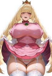 1girls ai_generated alternate_breast_size blonde_hair breasts cosplay dress female flyingpancake game_freak green_eyes hi_res hips huge_breasts light-skinned_female light_skin long_hair lusamine_(pokemon) mario_(series) mature_female milf mother nintendo pokemon pokemon_sm princess_peach_(cosplay) super_mario_bros. thick_thighs thighs wide_hips