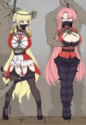 2girls ameng belts big_breasts blonde_hair dildo gagged gallows hanged imminent_death noose pink_hair skirt