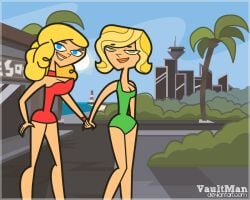 2girls artist_name blonde_hair blue_eyes bridgette_(tdi) dress green_one-piece_swimsuit green_swimsuit lindsay_(tdi) not_porn one-piece_swimsuit red_dress sfw swimsuit total_drama_island vaultman