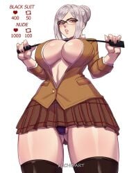 1girls bimbo breasts brown_eyes brown_skirt cleavage eyewear female female_only glasses grey_hair hair hair_bun holding_weapon huge_breasts legwear like_icon lips luchidart mature mature_female mature_woman miniskirt pantyshot pleated_skirt prison_school purple_panties retweet_icon shiraki_meiko short_skirt skimpy skimpy_clothes skirt solo solo_female thick_thighs thighhighs thighs weapon