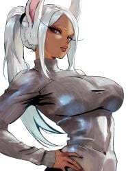 1girls big_breasts bunny_ears dark-skinned_female dark_skin hand_on_hip insomn_bion kemonomimi looking_at_viewer looking_to_the_side miruko my_hero_academia ponytail red_eyes solo_female solo_focus thick_lips white_hair