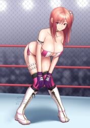 1girls armband big_breasts boots breasts chain-link_fence choker cleavage dead_or_alive dead_or_alive_6 eyepatch_bikini female female_only frills gloves himel honoka_(doa) knee_pads pink_hair red_eyes ribbon side_ponytail solo standing string_panties thigh_strap wrestling_outfit wrestling_ring