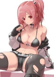 1girls belt big_breasts bikini_top blush boots breasts choker cleavage dead_or_alive female female_only fingerless_gloves gloves hair_ornament honoka_(doa) jacket kunimaki legs_apart open_clothes open_jacket pink_hair pulling_clothing red_eyes ripped_clothing shorts side_ponytail simple_background sitting solo thighs torn_clothes torn_legwear white_background