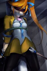 arms_behind_back athena_cykes blindfold blue_tie bondage bound clothed crescent_earrings crying duct_tape earring female gag gagged gyakuten_saiban hand_cuffs orange_hair panties_under_pantyhose rope sharpffffff side_ponytail tape tape_gag taped_mouth tears tie tied