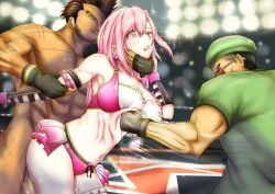 1girls 2boys armband bayman dead_or_alive dead_or_alive_6 diego_(doa) female fighting frills haitei-yogisya honoka_(doa) indoors male multiple_boys muscular_male pink_hair red_eyes restrained ryona spotlight standing thigh_strap wrestling_outfit wrestling_ring