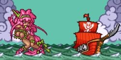 female female_only long_hair microphone pink_dragon_(shōnin_yo_taishi_wo_idake!!) pink_hair pirate_ship pixel_art saiwai_hiroshi sea shōnin_yo_taishi_wo_idake!! smile water wink