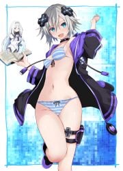 2d 2d_(artwork) ass belly_button bikini blue_eyes book breasts cosplay date_a_live honjou_nia light-skinned_female looking_at_viewer medium_breasts neptunia_(series) short_hair solo solo_female solo_focus thick_thighs thighs white_hair