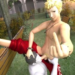 2boys 3d black_hair blonde_hair blowjob crossover gay hanxulz hsfrx male_only megami_tensei oral outdoors persona persona_5 ryuji_sakamoto topless white_skin wii_fit wii_fit_trainer yaoi