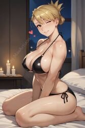 ai_generated bed big_ass big_breasts blonde_hair blush curvy curvy_body fullmetal_alchemist looking_at_viewer on_bed riza_hawkeye thighs