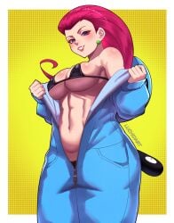 1girls big_breasts blue_eyes blue_onesie bottomwear breasts cleavage ear_piercing earrings female female_only hair jessie_(pokemon) lips long_hair luchidart mature mature_female onesie pink_hair pokemon pokemon_(anime) smile solo solo_female topwear undressing unzipped zipper_down