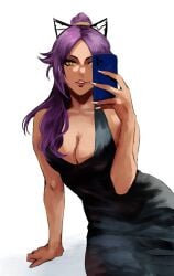 1girls black_dress bleach cleavage dark-skinned_female dark_skin dress insomn_bion looking_at_viewer phone ponytail purple_hair shihouin_yoruichi sitting solo solo_female taking_picture yellow_eyes