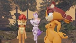 3d 3girls anthro blaze_the_cat blender covering_breasts female_only naked nature outside sally_acorn simple_smut sonic_(series) sonic_the_hedgehog_(series) sticks_the_badger