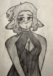 beauty_mark cleavage_cutout ear_piercings female freckles_on_shoulders looking_away octoling octoling_girl open_mouth pencil_(artwork) self_upload splatoon splatoon_oc tight_dress traditional_art