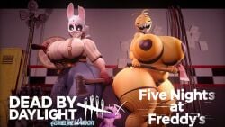 asrielthewagon better_version_at_source big_ass big_breasts big_butt big_hips chica_(fnaf) clothing dbd dead_by_daylight five_nights_at_freddy's five_nights_at_freddy's_2 fnaf holding_axe holding_object looking_at_viewer masked masked_female nipple_pasties sharp_teeth source_filmmaker the_huntress_(dead_by_daylight) toy_chica_(fnaf)