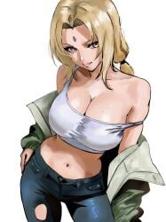 1girls big_breasts blonde blonde_female blonde_hair brown_eyes casual_clothes casual_nudity hand_on_hip insomn_bion light-skinned_female light_skin looking_at_viewer mature_female mole_on_breast naruto solo solo_female tsunade