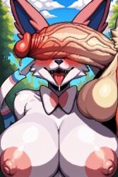 ai_generated big_breasts big_nipples disney eeveelution gigantic_penis hunkbsaa inminent_sex nick_wilde nintendo pixel_art pixelated pokemon pokemon_(species) saliva sylveon zootopia