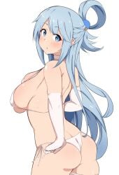 1girls aqua_(konosuba) ass back bare_shoulders bikini blue_eyes blue_hair blush breasts choker dat_ass elbow_gloves gloves hair_between_eyes hair_ornament hair_rings highres kono_subarashii_sekai_ni_shukufuku_wo! large_breasts long_hair open_mouth seihekiog shiny_skin side-tie_bikini_bottom simple_background skindentation solo swept_bangs swimsuit thighhighs thighs white_background white_bikini white_choker white_gloves white_thighhighs