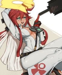 cleavage green_eyes guilty_gear gun halo jack-o'_valentine red_hair two_tone_hair wide_hips