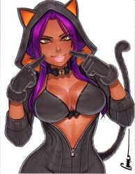 1girls animal_costume animal_hood bell black_bra black_gloves bleach bleach:_brave_souls bra breasts cat_costume cat_hood cat_tail dark-skinned_female dark_skin finger_to_cheek gloves highres hood large_breasts neck_bell omar_dogan open_mouth purple_hair shihouin_yoruichi solo tail tongue tongue_out underwear upper_body yellow_eyes