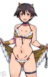 1girls bitch earrings em_(totsuzen_no_hakike) micro_bikini miyafuji_yoshika oni_horns short_hair strike_witches tiger_print tiger_print_bikini world_witches_series