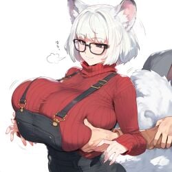 breast_massage breast_squeeze breasts_out dog_ears dog_girl dog_tail glasses large_breasts original original_character orionxesy white_background white_hair