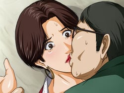 1boy aida_yayoi blush brown_eyes brown_hair earrings female forced hoop_earrings jewelry kissing lipstick negurie rape red_lipstick short_hair slam_dunk straight sweat tears ugly_man