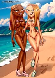 2girls bbmbbf beach blonde_hair bottomless bottomless_female braided_hair breasts brown_eyes cartoon_network julia_(tdi) long_hair looking_at_viewer navel nichelle_(tdi) nipples no_bra open_mouth pillow_shading purple_eyes pussy sand shoes shoes_without_bottomwear tank_top tank_top_lift tongue tongue_out total_drama_island total_drama_island_(2023) water white_tank_top