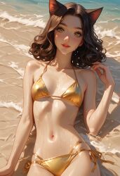 ai_generated beach bikini brown_hair catgirl gold_bikini wet