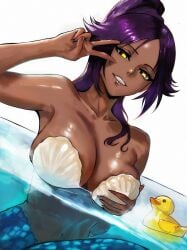 1girls big_breasts bleach dark-skinned_female dark_skin in_water insomn_bion looking_at_viewer mature_female mermaid peace_sign ponytail purple_hair rubber_duck shell_bra shihouin_yoruichi smiling smiling_at_viewer solo solo_female yellow_eyes