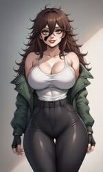 big_breasts brown_hair clockwork_(creepypasta) creepypasta gloves green_eyes long_hair pale-skinned_female pants smiling tank_top