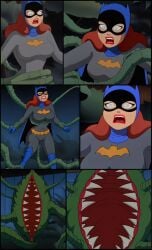 ai_assisted ai_generated barbara_gordon batgirl batgirl_(dcau) batman:_the_animated_series batman_(series) big_ass big_breasts blue_eyes bondage breasts comic curvy dc dc_comics dcau ensnared female forest forest_background green_eyes helpless heroine heroine_in_trouble horrified_expression imminent_vore light-skinned_female light_skin moldycandy orange_hair pamela_isley plant_monster poison_ivy poison_ivy_(dcau) pussy red_hair scared struggling surprised tan_skin teeth tentacle vagina_dentata venus_flytrap vines voluptuous