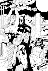 2boys 3girls artist_request batman batman_(bruce_wayne) batman_(series) black_canary bondage breasts bruce_wayne clothed clothing dc dc_comics dick_grayson dinah_lance female green_arrow_(series) helena_bertinelli human human_only huntress_(dc) inked long_hair male mask masked monochrome nipple_tweak nipples robin_(dc) robin_(dick_grayson) sex superhero superheroine tight_clothing uncensored