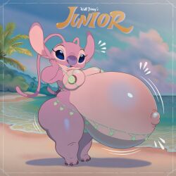 ai_assisted ai_generated angel_(lilo_and_stitch) anthro anthrofied beach blue_sky detailed_background disney english_text experiment_(lilo_and_stitch) experiment_(species) female hand_on_cheek huge_belly huge_breasts hyper_pregnancy lilo_and_stitch nsfw on_model open_mouth outside palm_trees parody pinup pose pregnant sand seaside shore solo standing sun surprised_expression text thick_thighs venus_bikini voluptuous white_clouds wide_hips