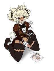 1boy aquilavita_(artist) clothes cum cum_on_penis cum_on_picture cum_tribute female_only femboy high_resolution highres horny horny_male liar_(sh4rkle) light_skin male_only masturbating on_knees panties_removed steamy steamy_breath tagme