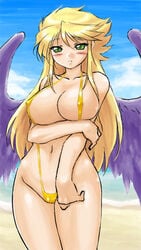 1girl 1girls beach black_wings blonde_hair blush breast_hold breath_of_fire breath_of_fire_ii cloud dr.p green_eyes large_breasts light-skinned_female long_hair lowres nina_(breath_of_fire_ii) shy sling_bikini solo solo_female solo_focus swimsuit wide_hips wings