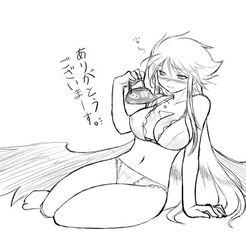 1girls angel_wings black_and_white bra breath_of_fire breath_of_fire_ii dr.p female female_only holding_object kettle long_hair monochrome nina_(breath_of_fire_ii) panties relaxing sitting teapot thick_thighs translation_request underwear wings