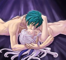 aozora_kyuuji blush breast closed_eyes female fire_emblem fire_emblem:_radiant_dawn green_eyes green_hair hair_ribbon hug kissing lowres lying male micaiah_(fire_emblem) navel nintendo nipple nude on_back on_front sheet silver_hair sothe_(fire_emblem) source_not_archived straight