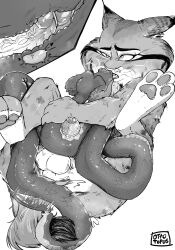 ambiguous_gender anal anal_sex anthro anus black_ear_tips bodily_fluids bottomless canada_lynx claws clothed clothing cum dipstick_ears disney duo ear_markings erection felid feline feral gary_de'snake genital_fluids genitals hi_res humanoid_genitalia humanoid_penis looking_pleasured lynx male male_(lore) male_penetrated mammal monochrome multicolored_ears onomatopoeia ottotopus pawbert_lynxley penetration penis pit_viper reptile scalie snake sound_effects sweater tail tail_fetish tail_insertion tail_play teeth text topwear viper whisker_spots whiskers zootopia zootopia_2