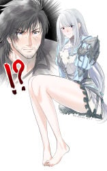 1boy1girl 1girl 1girl1boy 1girls 2d 2d_(artwork) artist_request bare_legs bare_thighs barefoot clive_rosfield feet feet_up final_fantasy final_fantasy_xvi foot_on_chest jill_warrick legs light-skinned_female light_skin nervous nervous_expression nervous_female pale-skinned_female pale_skin shy shy_female silver_hair soles square_enix toes