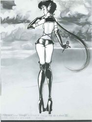 1girls 2001 ass bikini_top bishoujo_senshi_sailor_moon black_hair breasts choker circlet elbow_gloves female from_behind greyscale high_heel_boots high_heels latex long_hair microphone monochrome sailor_star_fighter sailor_starlights seiya_kou short_shorts smooth_skin solo standing sue_dunn_emm tagme wide_hips