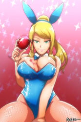 akairiot beauty_mark bimbo blonde_hair bowtie breasts bunny_costume bunny_ears bunny_girl bunnysuit cleavage detached_collar female female_only fishnet fishnets fully_clothed green_eyes huge_breasts human leotard looking_at_viewer metroid mole nintendo samus_aran solo solo_female spill spilled spilled_drink spilling spilling_drink voluptuous wine wine_glass wrist_cuffs