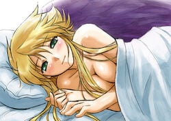 1girls angel_wings bare_shoulders blanket blonde_hair blush breath_of_fire breath_of_fire_ii covering dr.p green_eyes long_hair looking_at_viewer lowres nina_(breath_of_fire_ii) nude on_bed on_side pillow smile wings