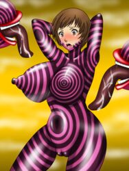 1girls arms_up atlus big_lips big_lips_no_eyes blush breasts brown_eyes brown_hair cameltoe corruption floating_mouth hablerie_(megami_tensei) huge_breasts megami_tensei my_(mitinaka) nipples open_mouth persona persona_4 satonaka_chie short_hair smile tentacle thick_lips tongue tongue_out