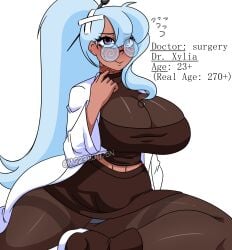 bandages big_breasts blush breasts curvy_figure dark-skinned_female dark_skin doctor doctor_uniform dr._xylia_(mg231101778) female female_only glasses hourglass_figure huge_breasts looking_up m.grace mg231101778 original_character purple_eyes reference_sheet sitting_down skyblue_hair spiral_glasses